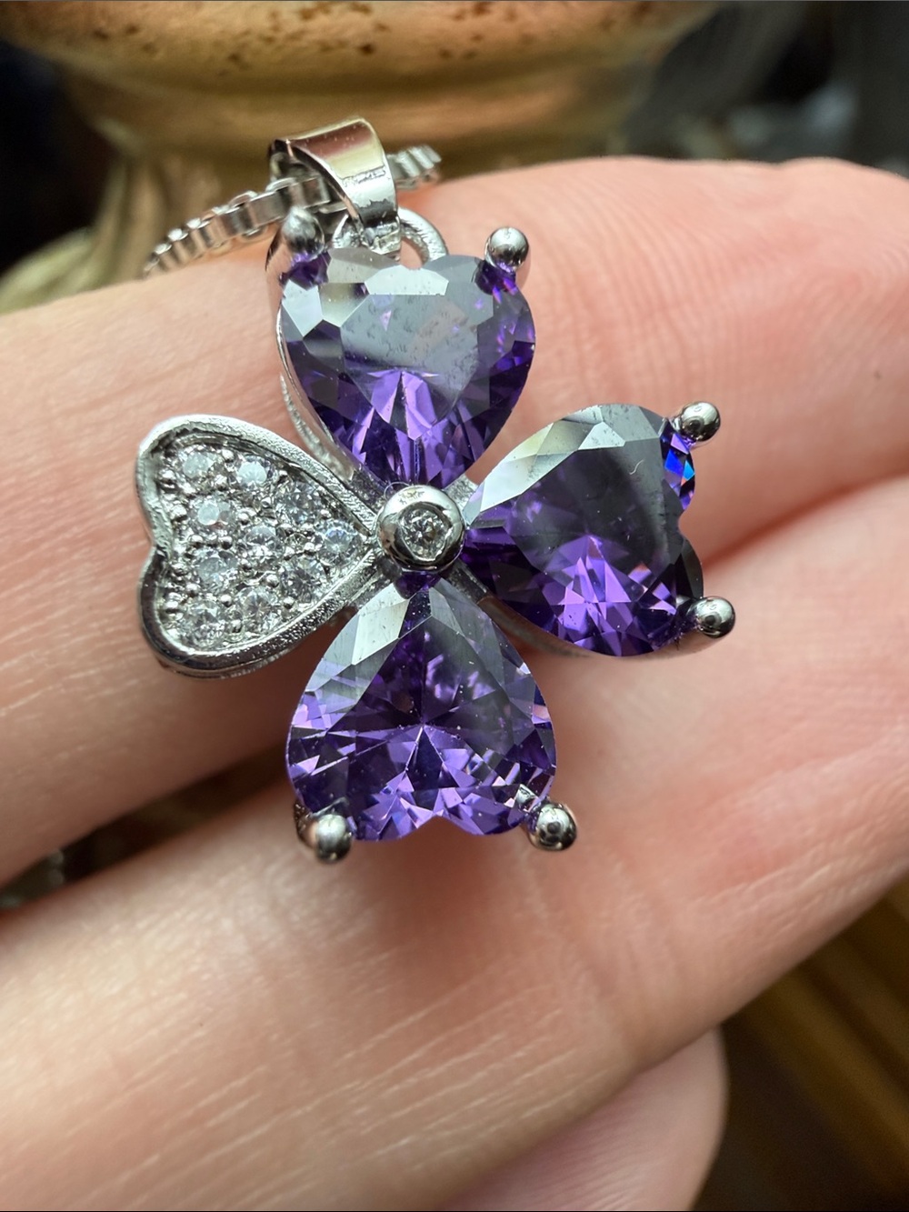 Purple Amethyst Clover Heart Gemstones Moissanite Diamond Pendant Necklace